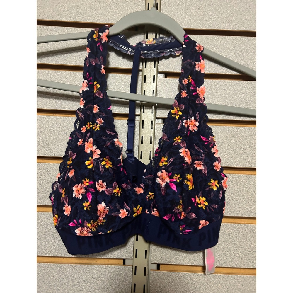 PINK Victoria's Secret Navy Blue Floral Lace Halter Racerback Bralette Size M